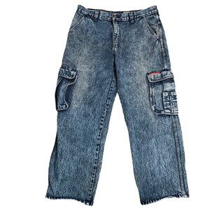 Vintage 90s Ice Pole Baggy Cargo Jeans 36 Blue Acid Wash Wide Leg Pockets Zip